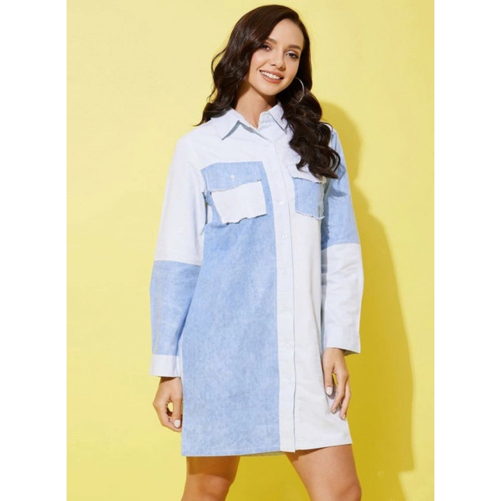 Denim Solid Long Sleeves Dress (Blue)