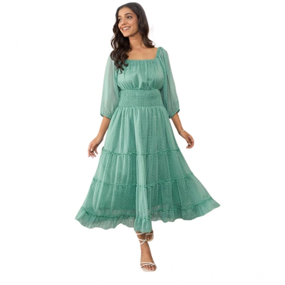 Chiffon Solid Puff Sleeve Dress (Green)