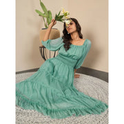 Chiffon Solid Puff Sleeve Dress (Green)