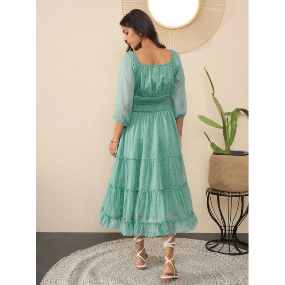 Chiffon Solid Puff Sleeve Dress (Green)