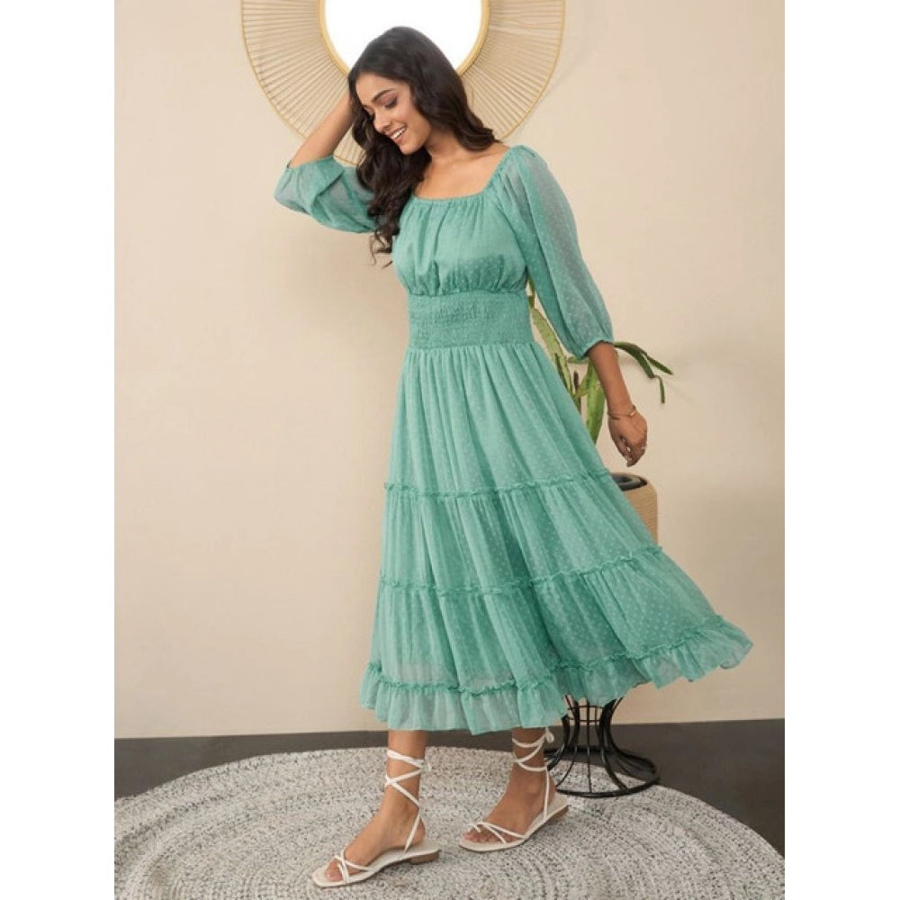 Chiffon Solid Puff Sleeve Dress (Green)
