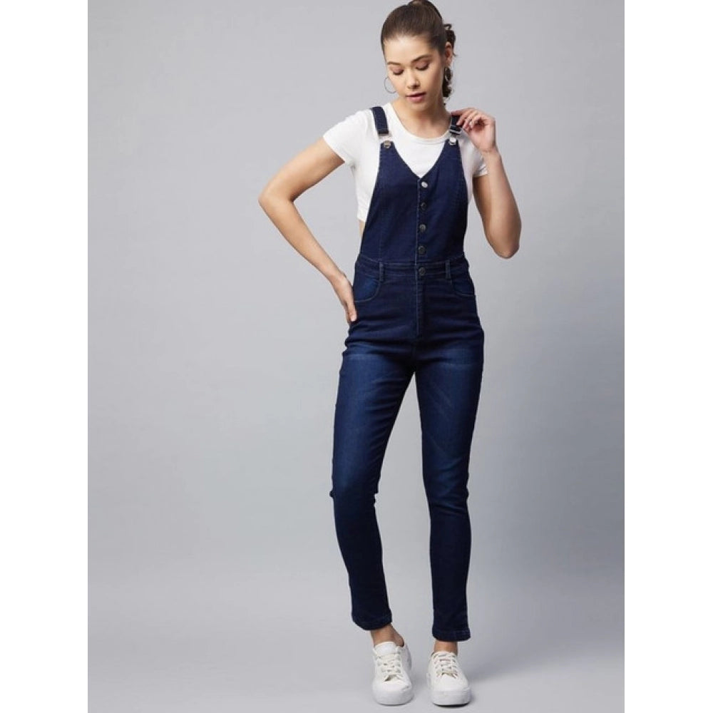 Denim Lycra Solid Buttoned Dungaree (Navy)