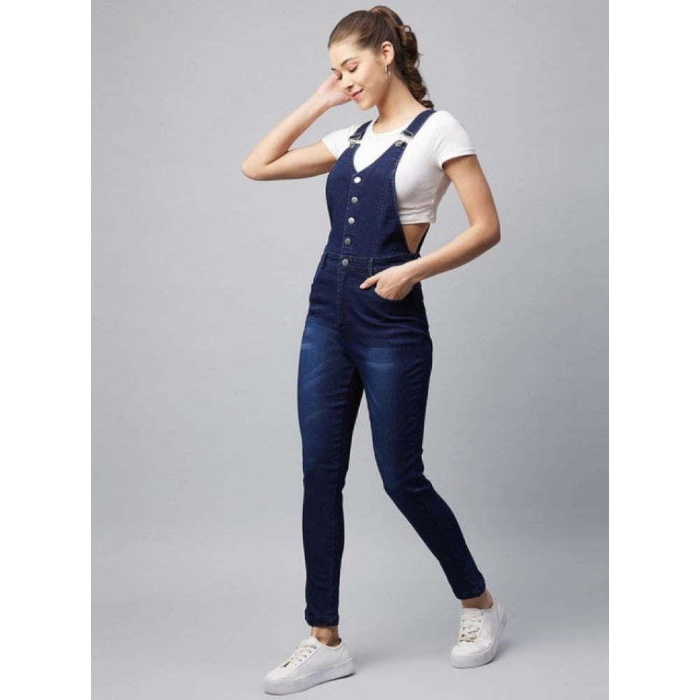 Denim Lycra Solid Buttoned Dungaree (Navy)