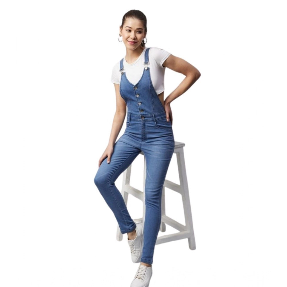 Denim Lycra Solid Buttoned Dungaree (Ice Blue)