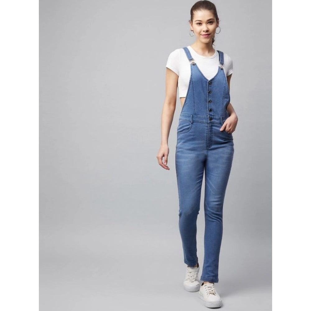 Denim Lycra Solid Buttoned Dungaree (Ice Blue)