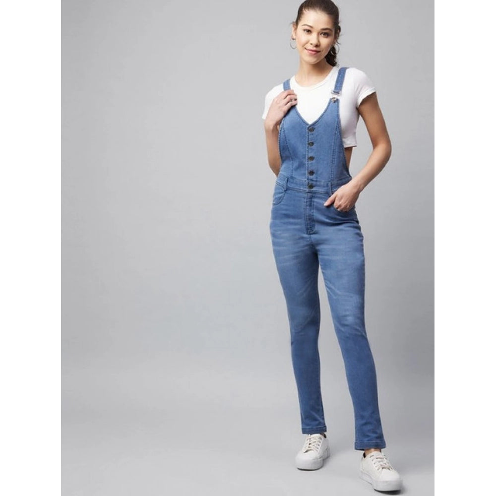 Denim Lycra Solid Buttoned Dungaree (Ice Blue)