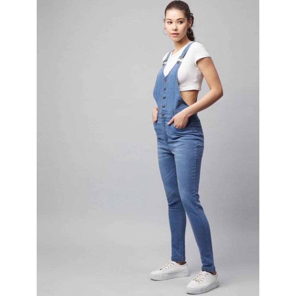 Denim Lycra Solid Buttoned Dungaree (Ice Blue)