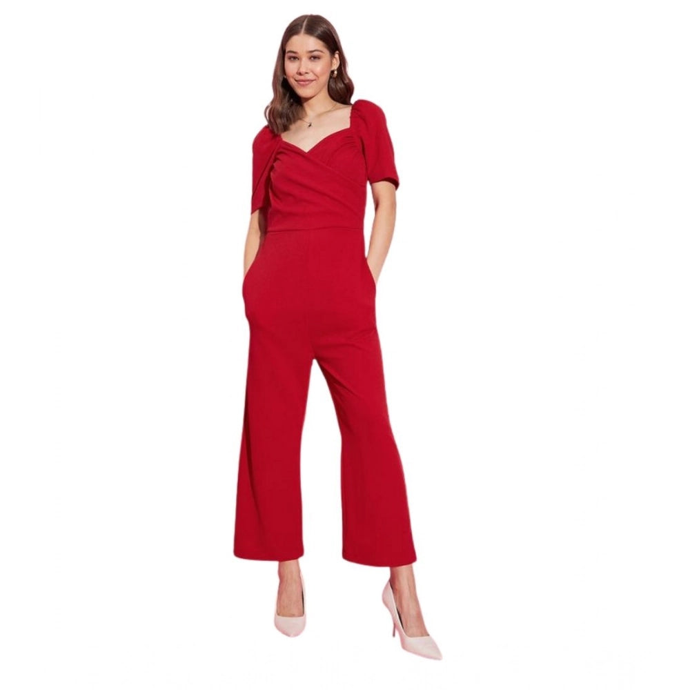 Polyester Lycra Solid Puff Sleeve Jumpsuit (Red)
