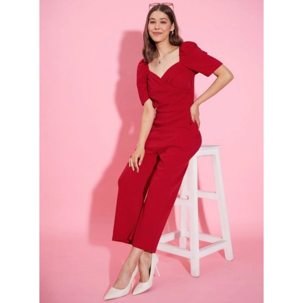 Polyester Lycra Solid Puff Sleeve Jumpsuit (Red)
