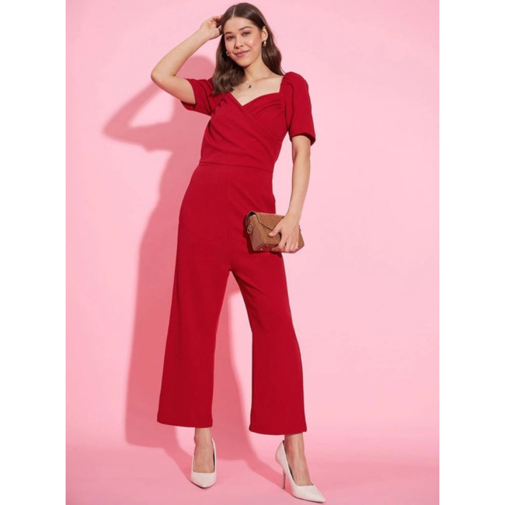 Polyester Lycra Solid Puff Sleeve Jumpsuit (Red)