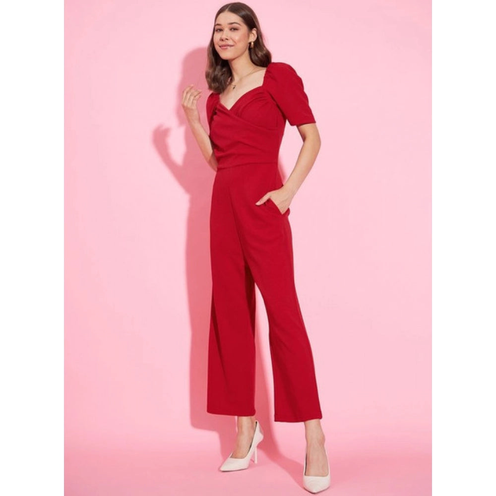 Polyester Lycra Solid Puff Sleeve Jumpsuit (Red)