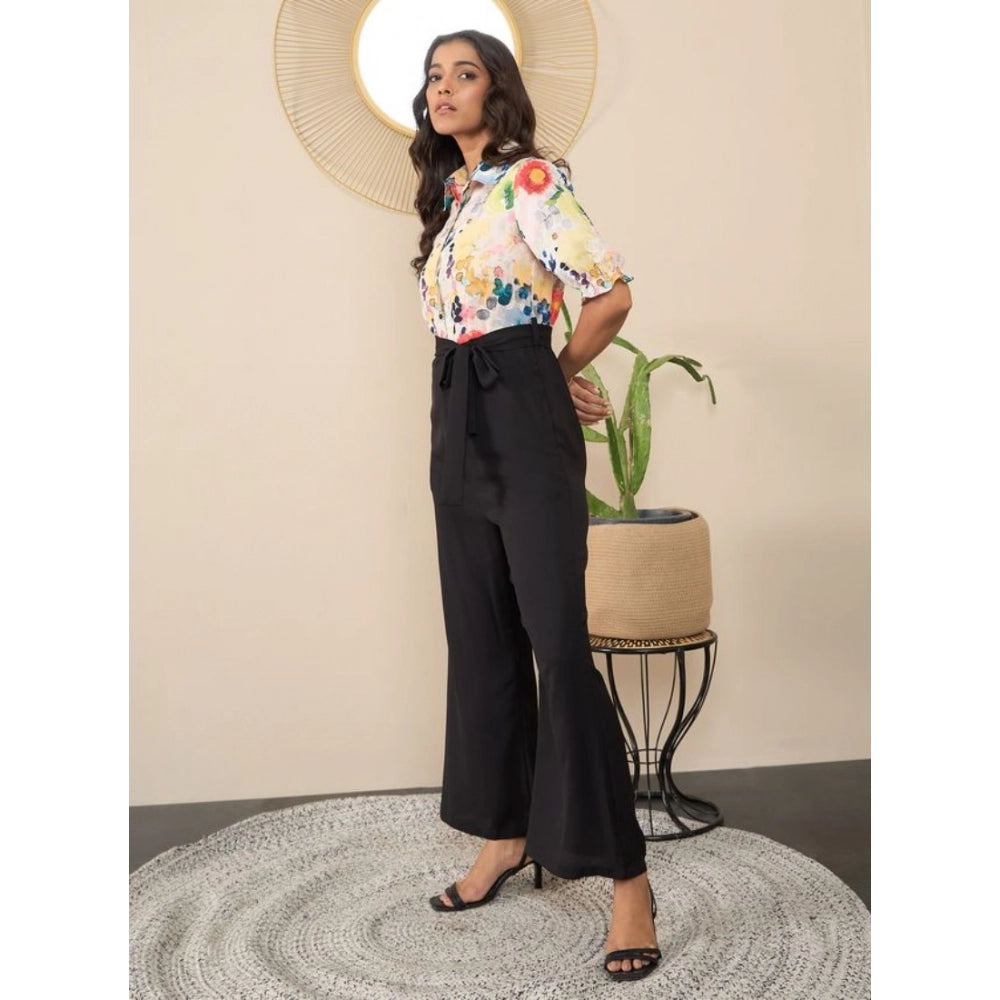 Polyester Floral Half Sleeves Jumpsuit (Navy - Yellow)