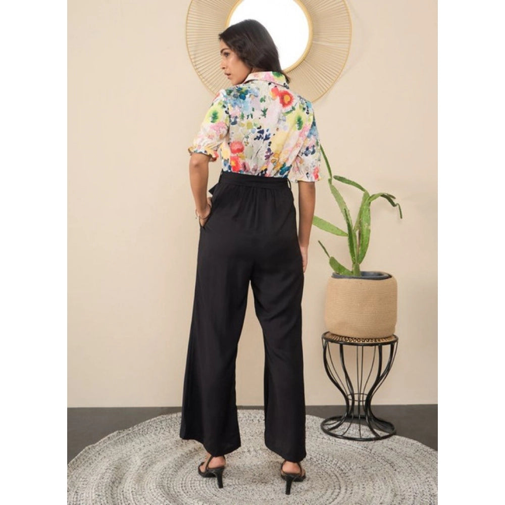 Polyester Floral Half Sleeves Jumpsuit (Navy - Yellow)