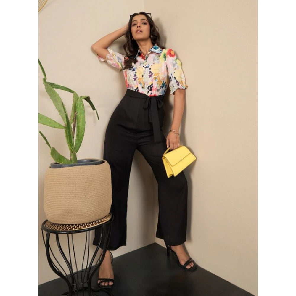 Polyester Floral Half Sleeves Jumpsuit (Navy - Yellow)