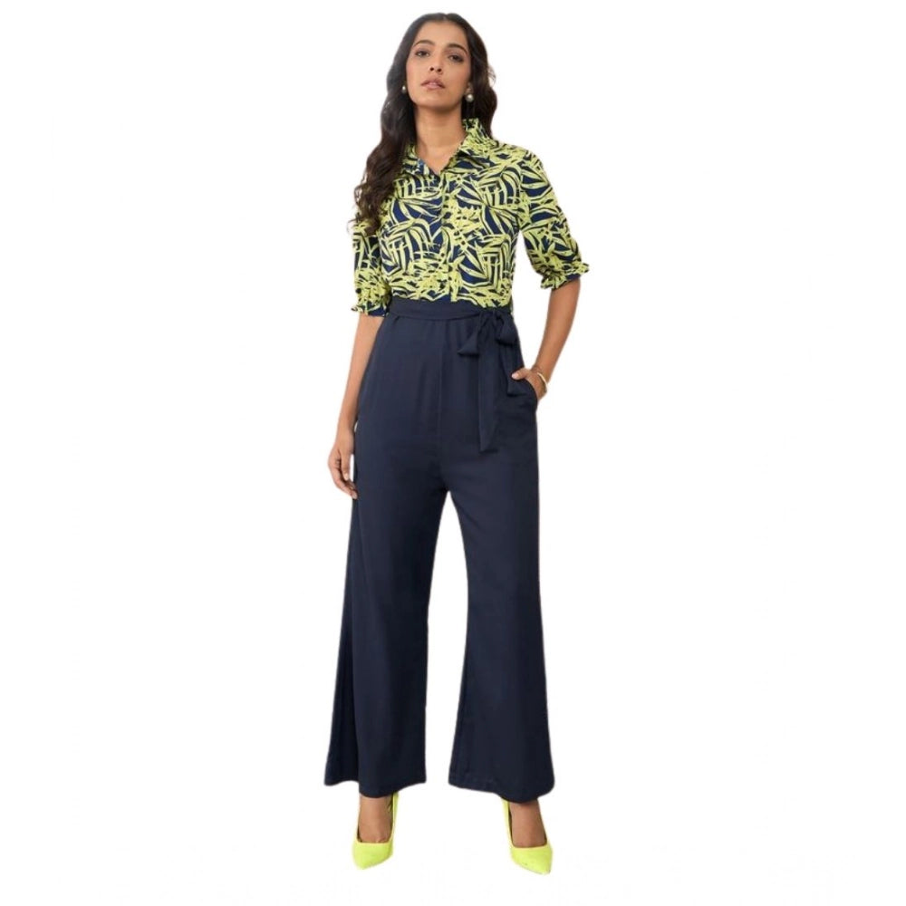 Polyester Floral Half Sleeves Jumpsuit (Navy - Yellow)