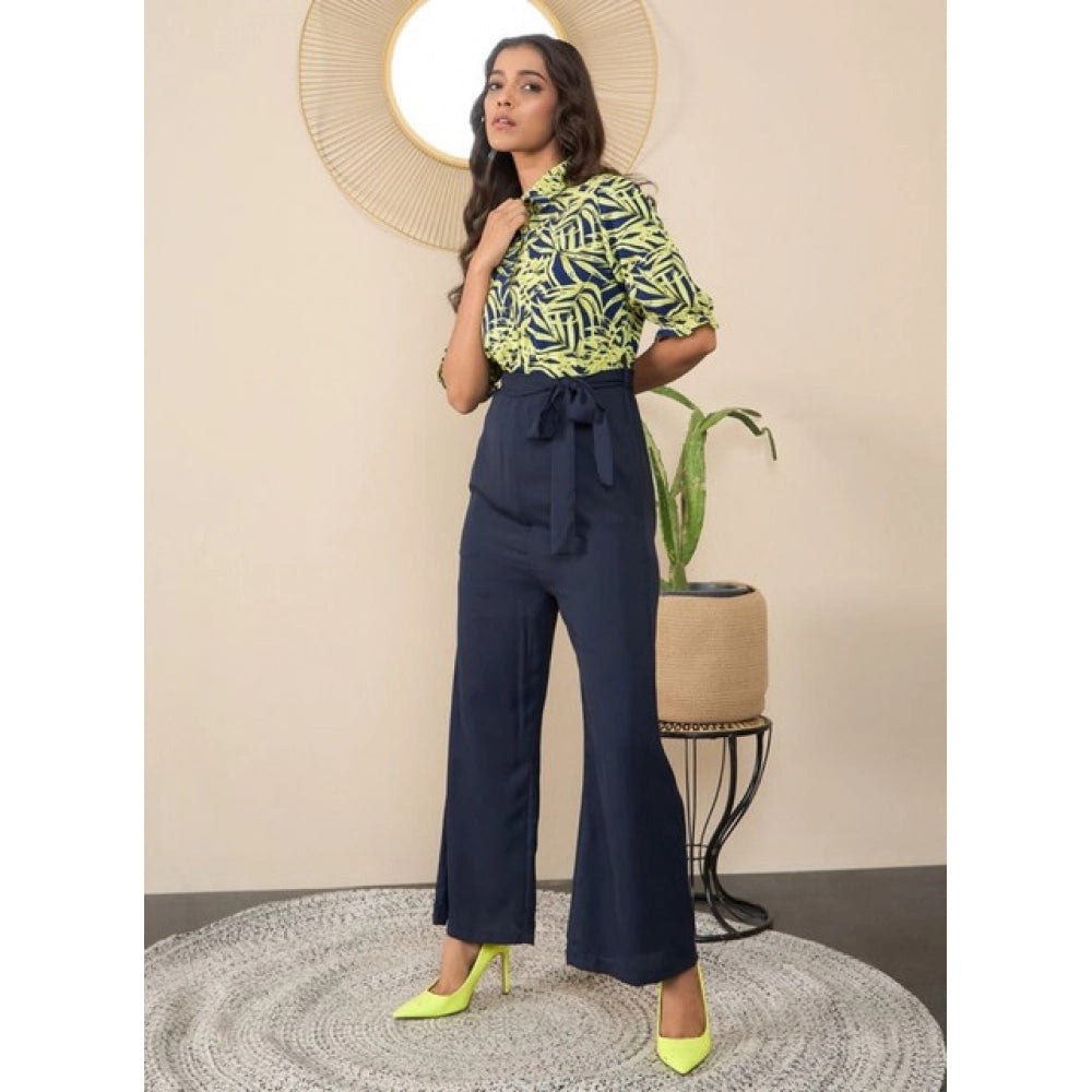 Polyester Floral Half Sleeves Jumpsuit (Navy - Yellow)