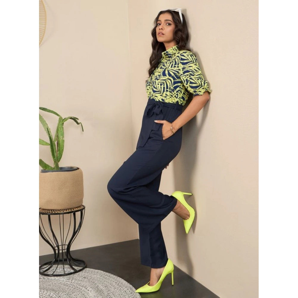 Polyester Floral Half Sleeves Jumpsuit (Navy - Yellow)