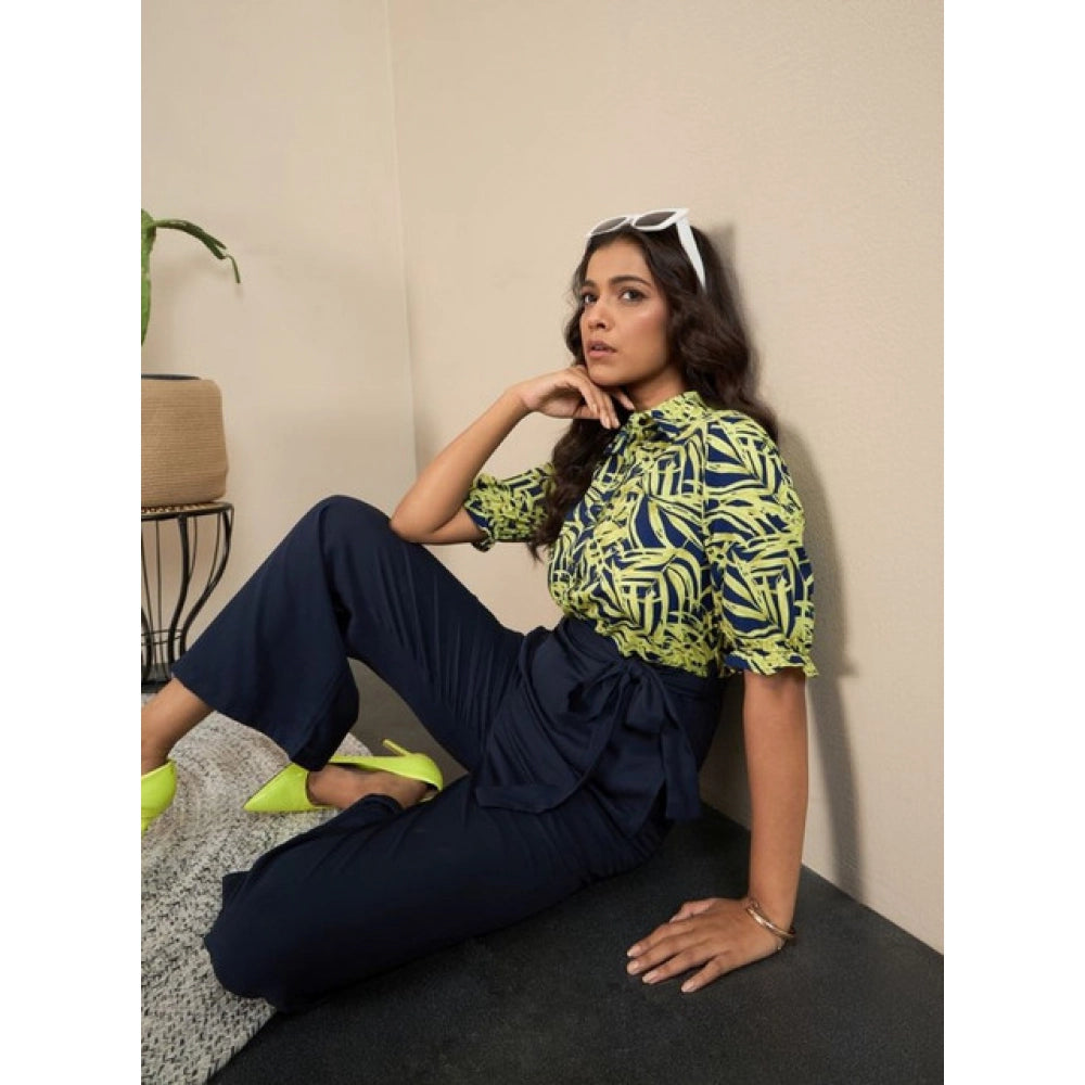 Polyester Floral Half Sleeves Jumpsuit (Navy - Yellow)