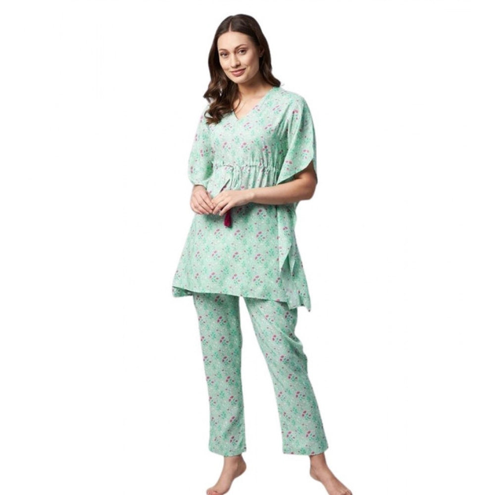 Rayon Floral Kaftan Sleeve Night Suit (Green - Pink)
