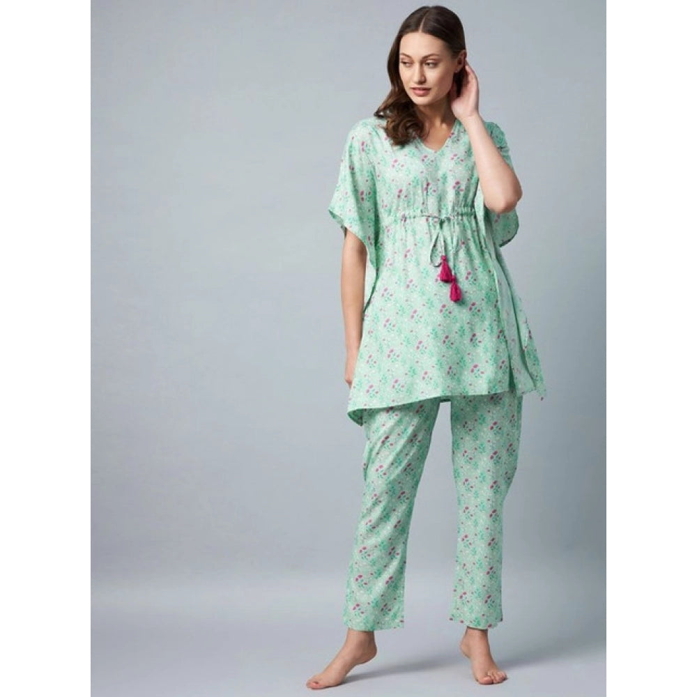Rayon Floral Kaftan Sleeve Night Suit (Green - Pink)