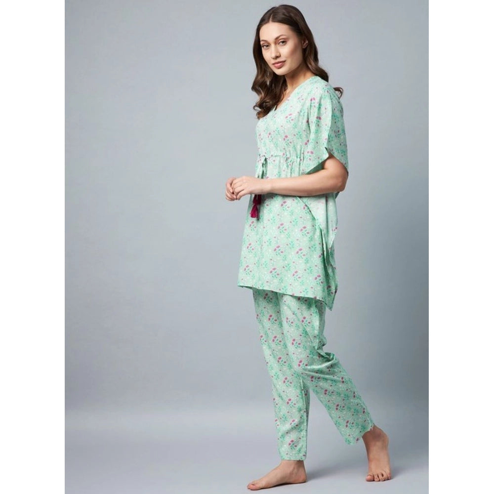 Rayon Floral Kaftan Sleeve Night Suit (Green - Pink)