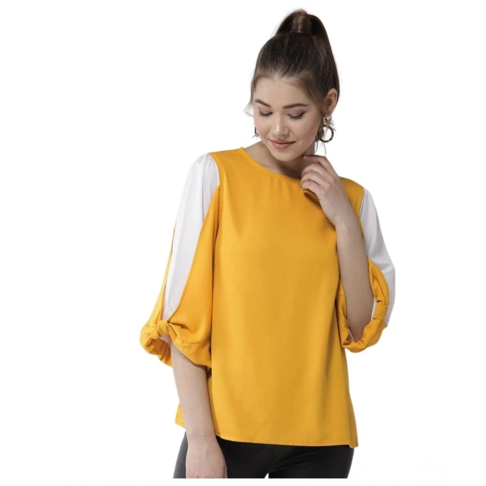 Polyester Colour Block Slit Sleeve Top (Yellow-White)