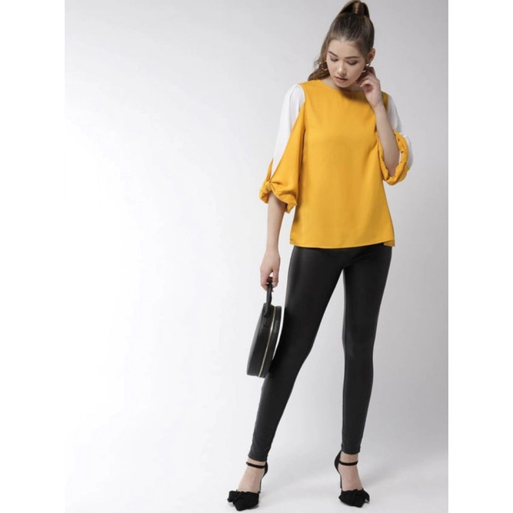 Polyester Colour Block Slit Sleeve Top (Yellow-White)