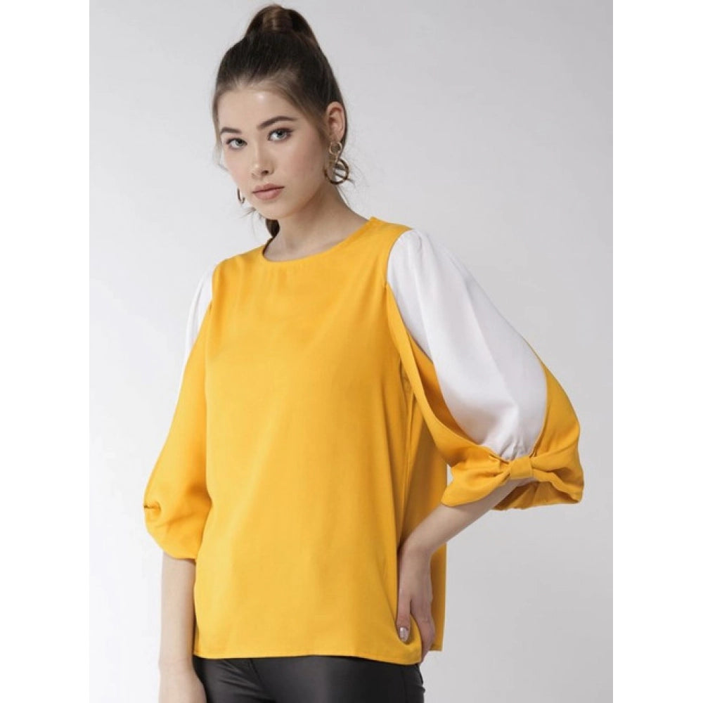 Polyester Colour Block Slit Sleeve Top (Yellow-White)