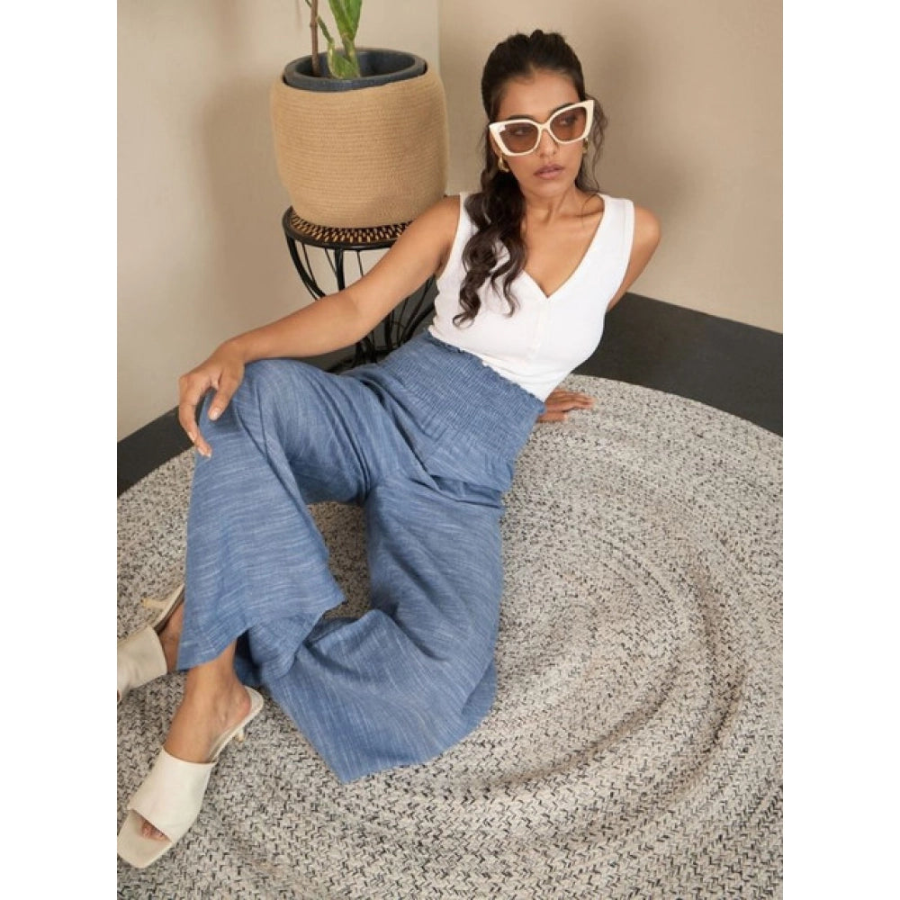 Women's Cotton Self Design Smocked Trousers (Blue