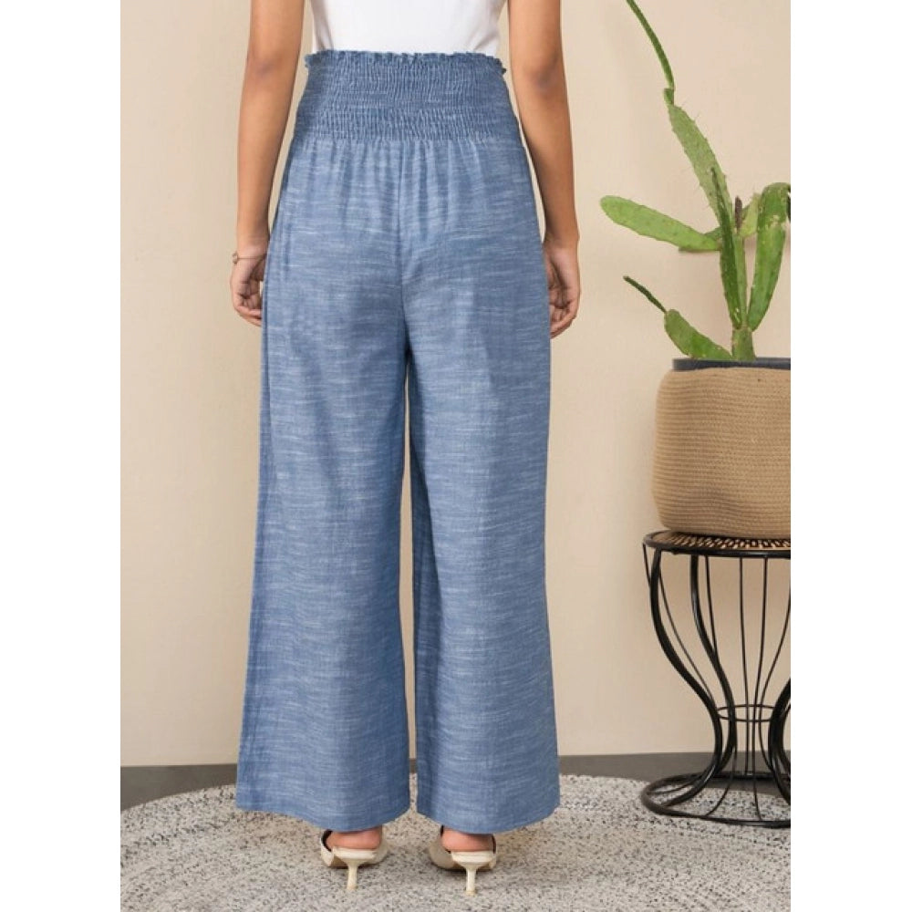 Women's Cotton Self Design Smocked Trousers (Blue